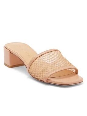 Stuart Weitzman Beige Leather Mesh Block Heel Mules Square Toe Sandals Size 8